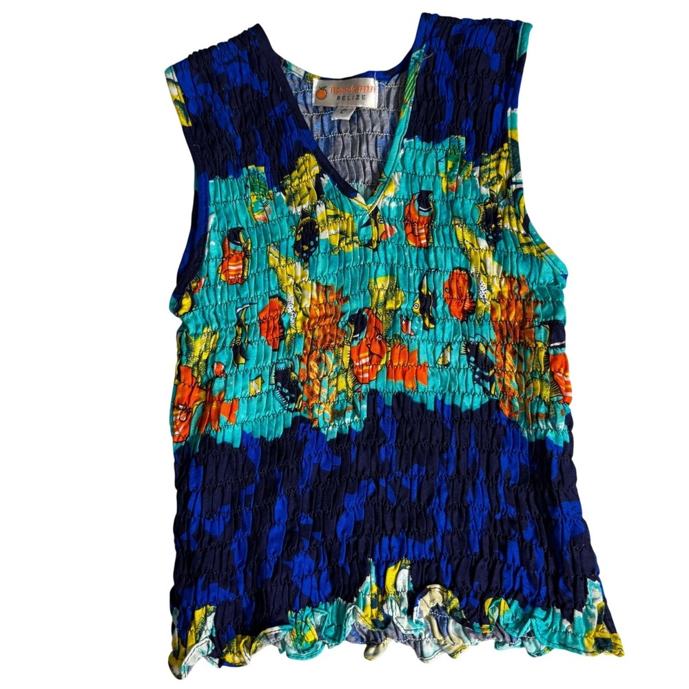 Tropicana Belize Smocked Tropical Tank Top Blue Fish Print V-Neck Womens M L